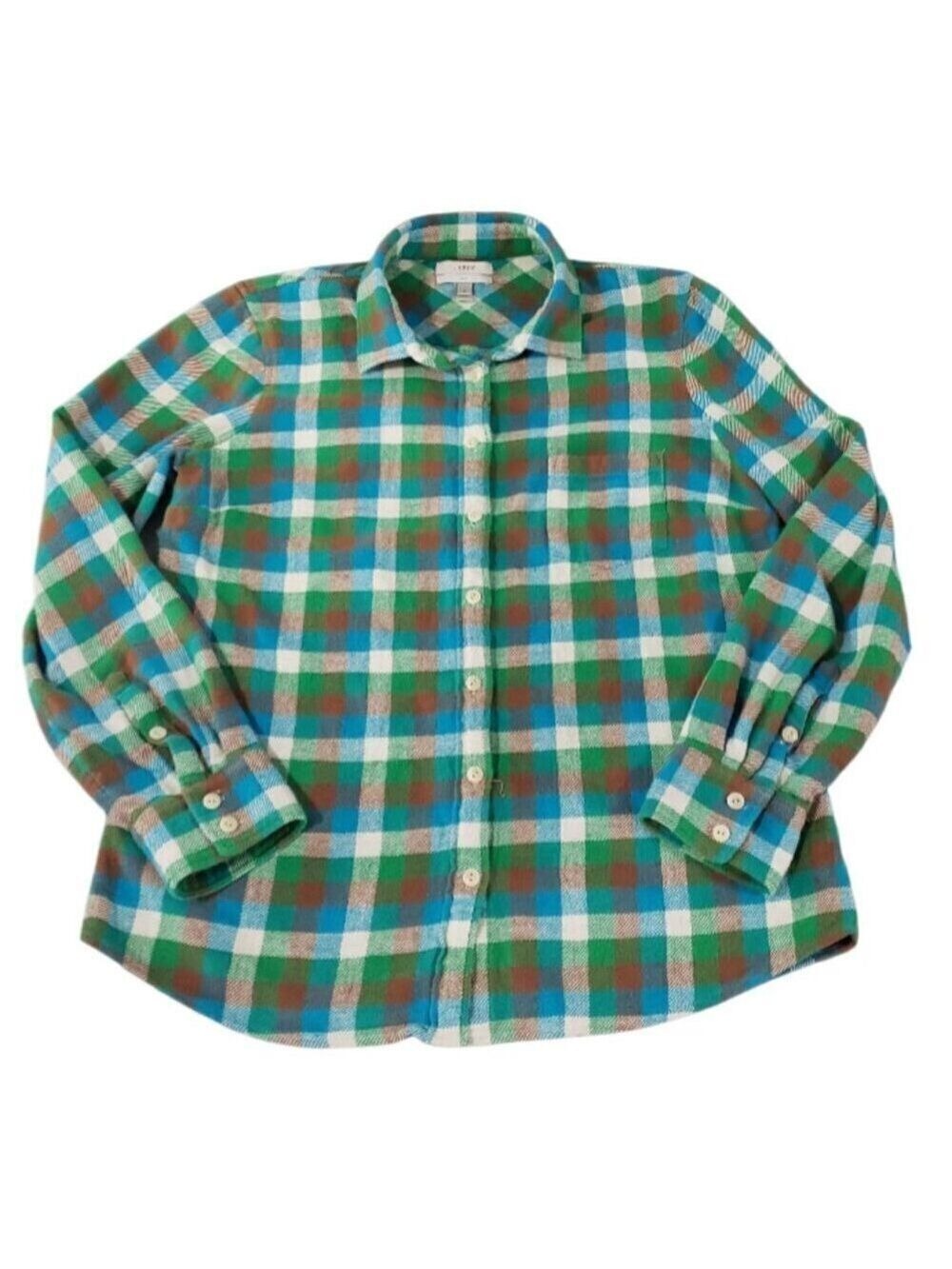J. Crew Boy Long Sleeve Blue, Green, & Brown Flannel Button Down Shirt 12 - Picture 4 of 6